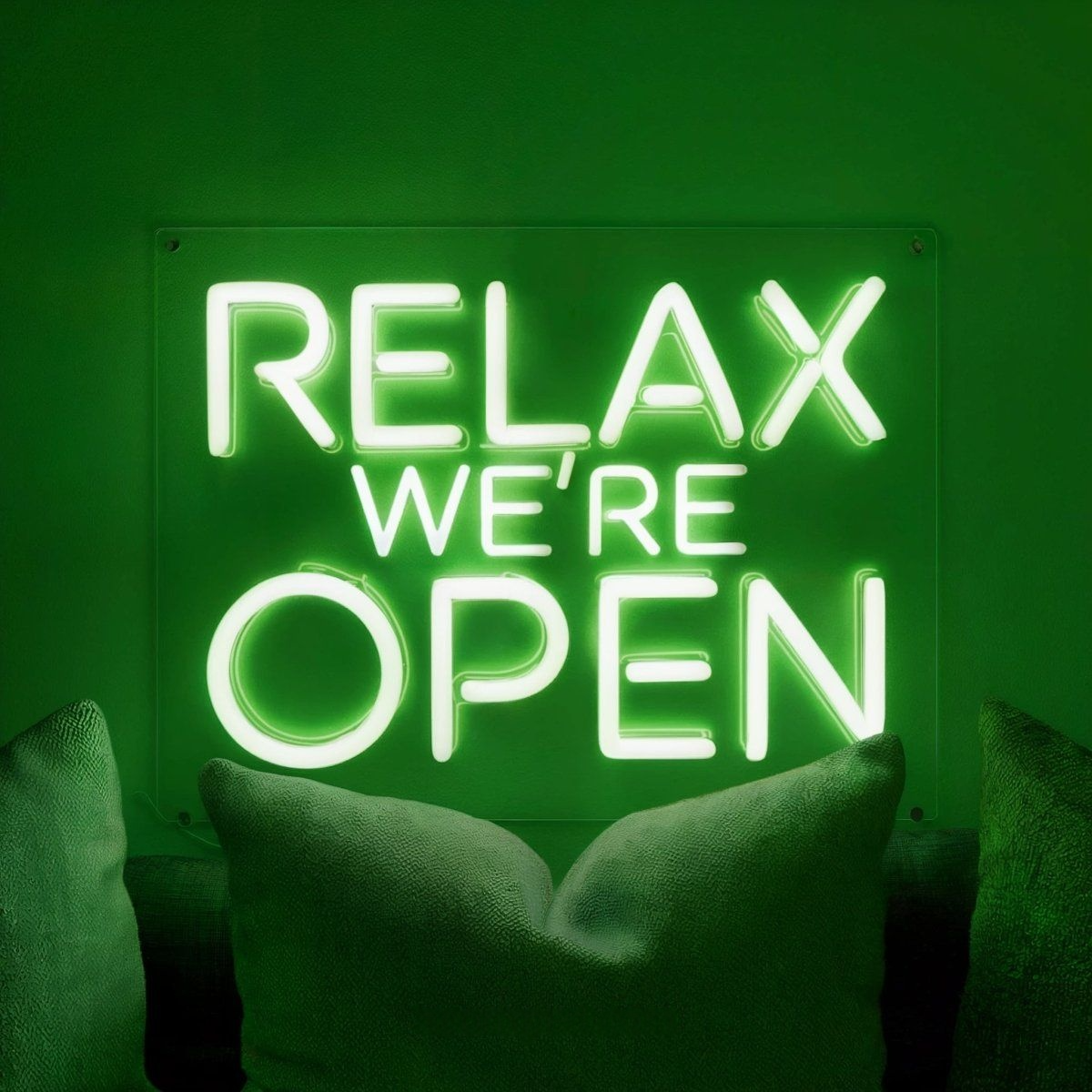 Relax We're Open Neon Sign for Cannabis Dispensaries