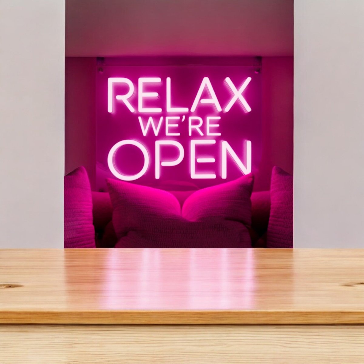 Relax We're Open Neon Sign for Cannabis Dispensaries  x 8 in (USB)Hot Pink