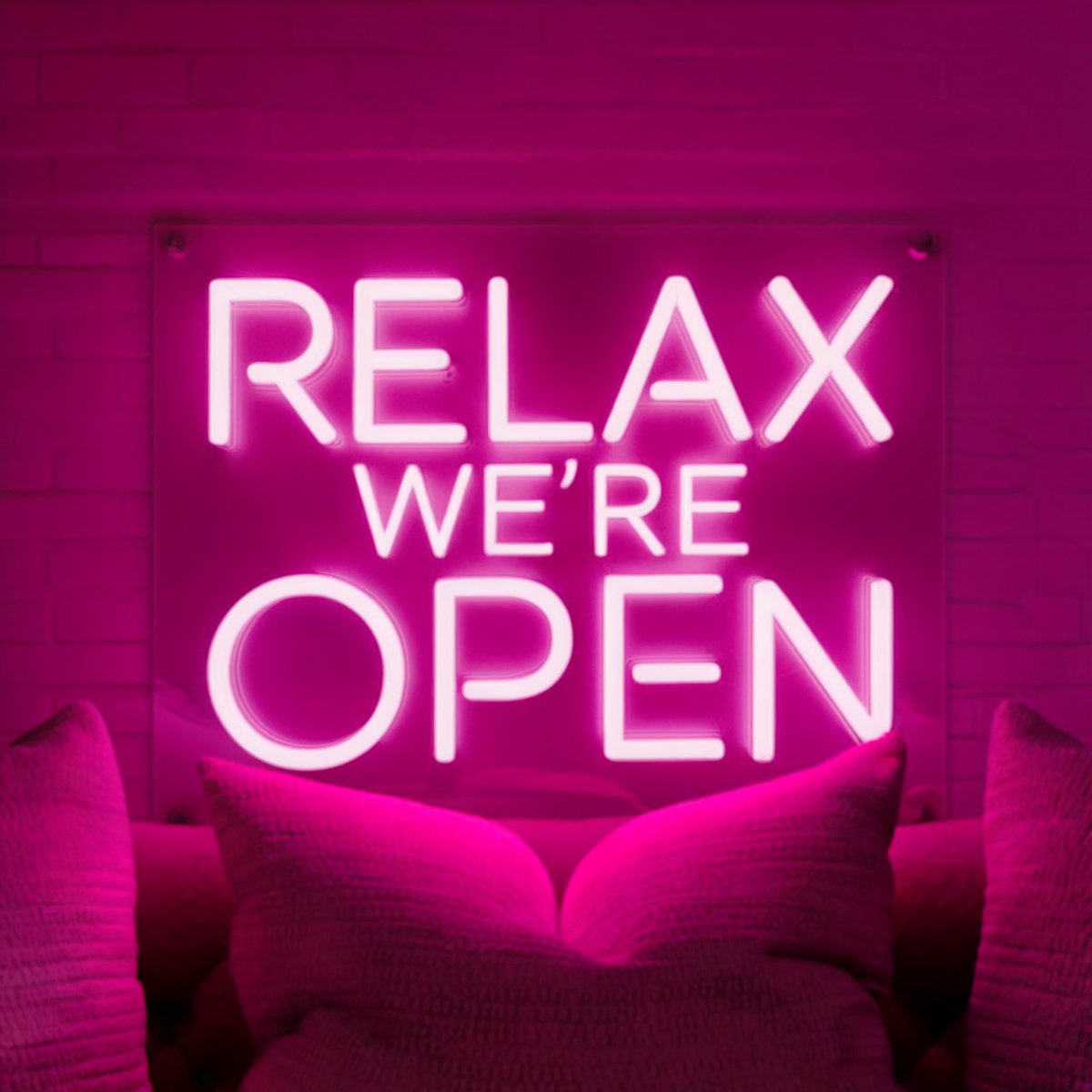 Relax We're Open Neon Sign for Cannabis Shop & Marijuana Dispensary x 8 in (USB)Hot Pink
