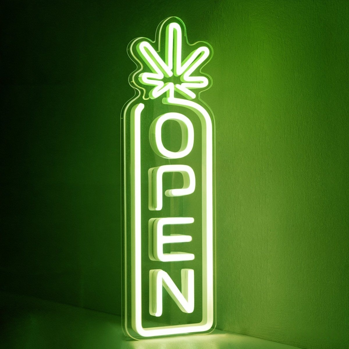 Vertical Neon Open Sign for Dispensary green color