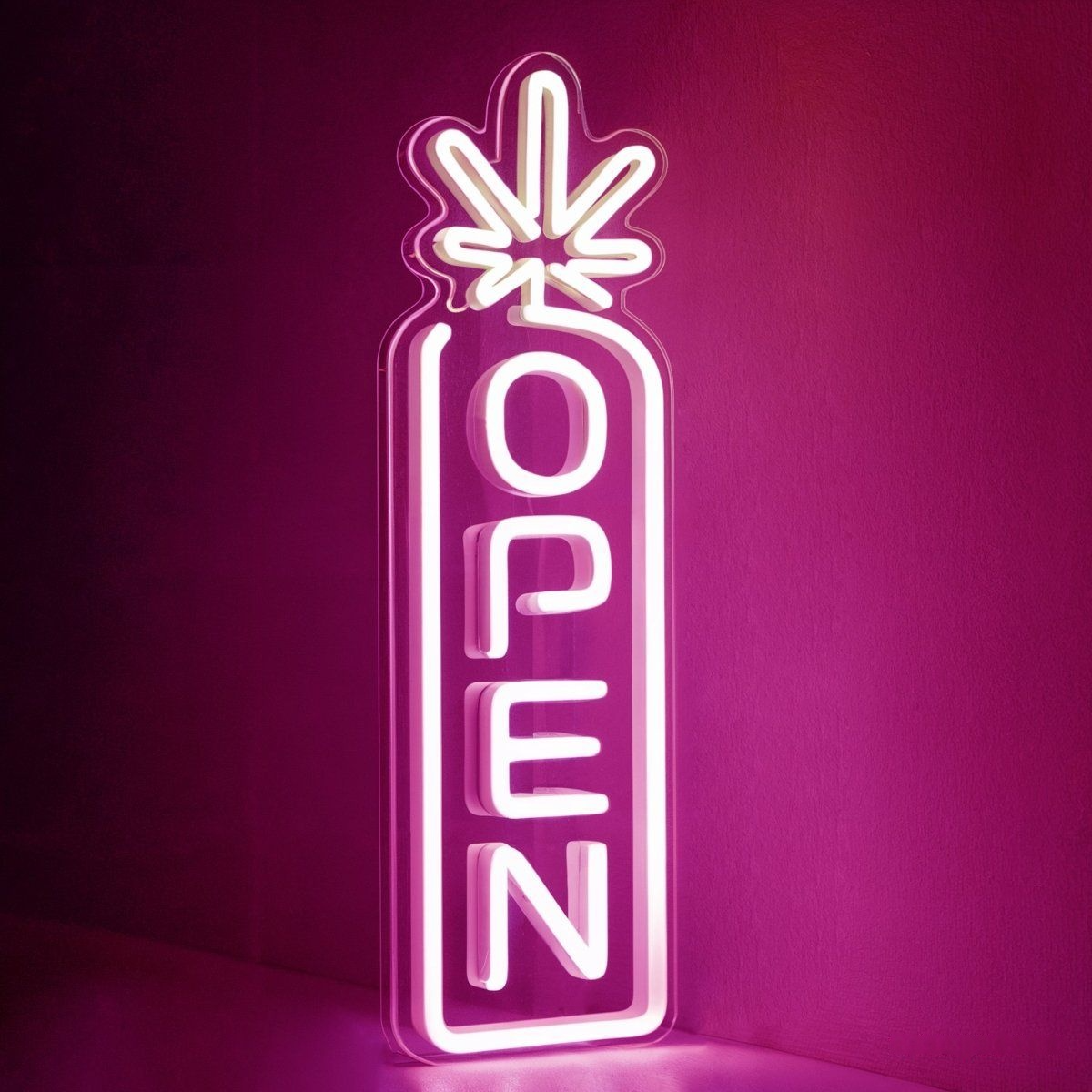 Vertical Neon Open Sign for Dispensary hot pink color